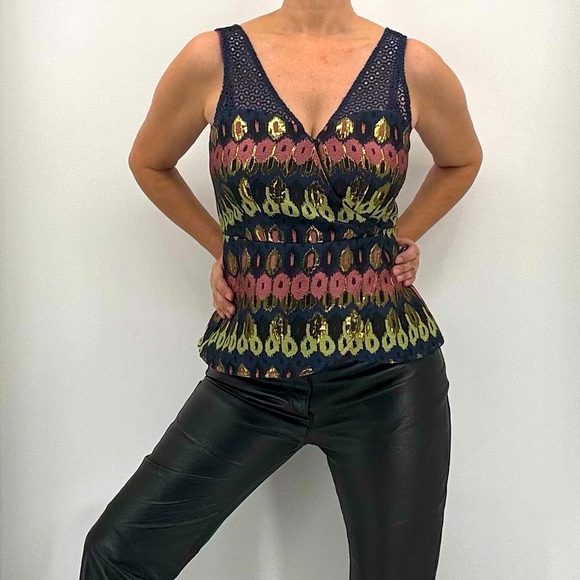 Anthropologie HD In Paris Yana Brocade Metallic Crochet Peplum Sleeveless Top - Picture 2 of 12